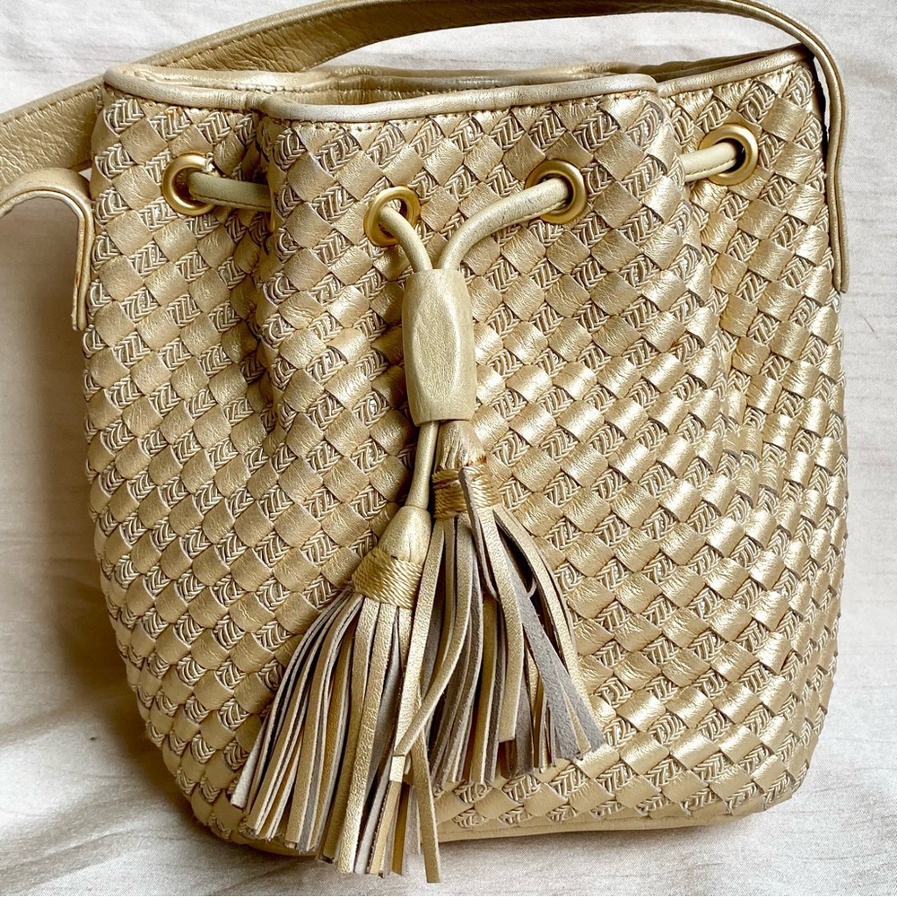Jay Herbert by Sharif Gold woven crossbody bucket Bag with Tassel